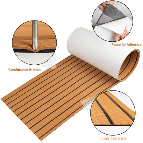 Teak EVA Foam Boat Flooring Sheet Brown with Black Stripes Self-Adhesive Marine Decking Mat for Yacht Fishing Boat RV DIY Upgrade Australian Boating(2400x450x6mm)