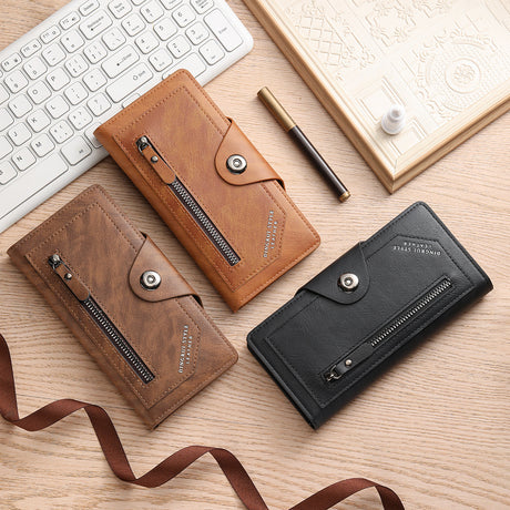 Dark coffee Vintage Men's Long Wallet Slim PU Leather Clutch with Multi Card Slots and External Zipper Pocket, Large Capacity Fashion Purse for Daily Use