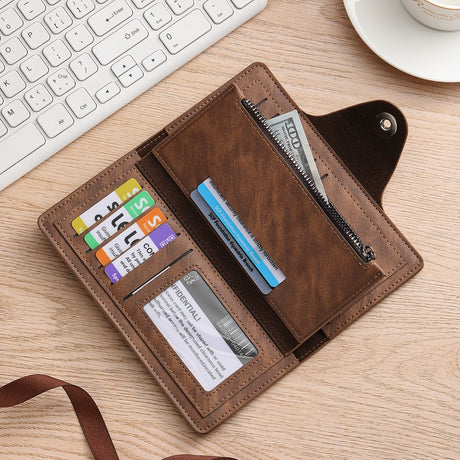 Light coffee Vintage Men's Long Wallet Slim PU Leather Clutch with Multi Card Slots and External Zipper Pocket, Large Capacity Fashion Purse for Daily Use