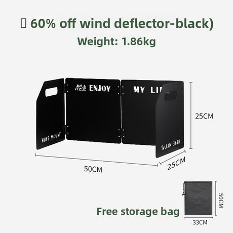 Black Heavy-Duty 4-Fold Camping Stove Windshield Portable Steel Wind Deflector for Outdoor Cooking and Picnics with Storage Bag