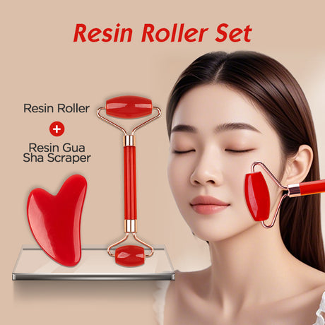 Green Dual-Head Resin Facial Roller and Heart-Shaped Gua Sha Set for Home SPA Skincare and Face Neck Massage
