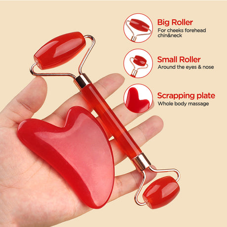 Green Dual-Head Resin Facial Roller and Heart-Shaped Gua Sha Set for Home SPA Skincare and Face Neck Massage