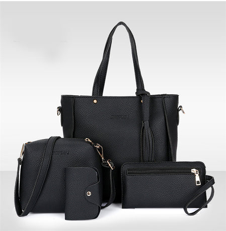 Black 4-Piece Women Bag Set Lychee Grain PU Leather Large Capacity Tote Shoulder Bag Crossbody Clutch and Card Holder for Daily Travel and Work Use