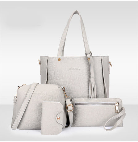 Grey 4-Piece Women Bag Set Lychee Grain PU Leather Large Capacity Tote Shoulder Bag Crossbody Clutch and Card Holder for Daily Travel and Work Use