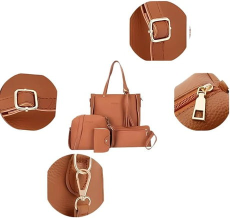 Red 4-Piece Women Bag Set Lychee Grain PU Leather Large Capacity Tote Shoulder Bag Crossbody Clutch and Card Holder for Daily Travel and Work Use