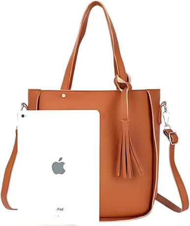 Brown 4-Piece Women Bag Set Lychee Grain PU Leather Large Capacity Tote Shoulder Bag Crossbody Clutch and Card Holder for Daily Travel and Work Use