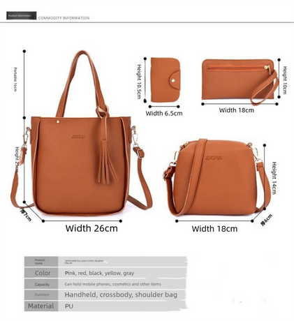 Brown 4-Piece Women Bag Set Lychee Grain PU Leather Large Capacity Tote Shoulder Bag Crossbody Clutch and Card Holder for Daily Travel and Work Use