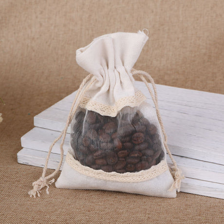 White 10 Pack Linen Canvas Drawstring Gift Bags with Lace Trim and Mesh Window 10x14cm Elegant Pouches for Jewelry Wedding Favours and Sachets