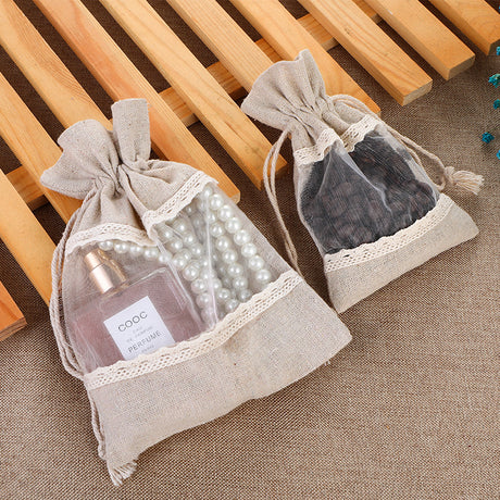 White 10 Pack Linen Canvas Drawstring Gift Bags with Lace Trim and Mesh Window 10x14cm Elegant Pouches for Jewelry Wedding Favours and Sachets