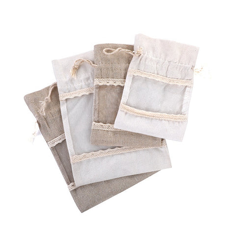 White 10 Pack Linen Canvas Drawstring Gift Bags with Lace Trim and Mesh Window 10x14cm Elegant Pouches for Jewelry Wedding Favours and Sachets