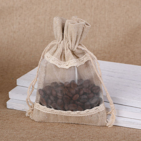 Brownish-gray 10 Pack Linen Canvas Drawstring Gift Bags with Lace Trim and Mesh Window 13x18cm Versatile Pouches for Wedding Favours and Home Storage in Australia