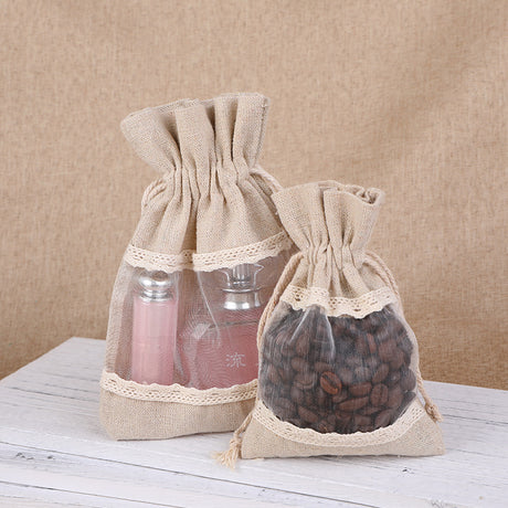 Brownish-gray 10 Pack Linen Canvas Drawstring Gift Bags with Lace Trim and Mesh Window 13x18cm Versatile Pouches for Wedding Favours and Home Storage in Australia