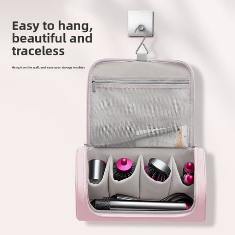 Pink Portable Hair Dryer and Curler Storage Bag Waterproof PU Leather Travel Case with Hanging Hook for Local Professionals and Modern Lifestyles