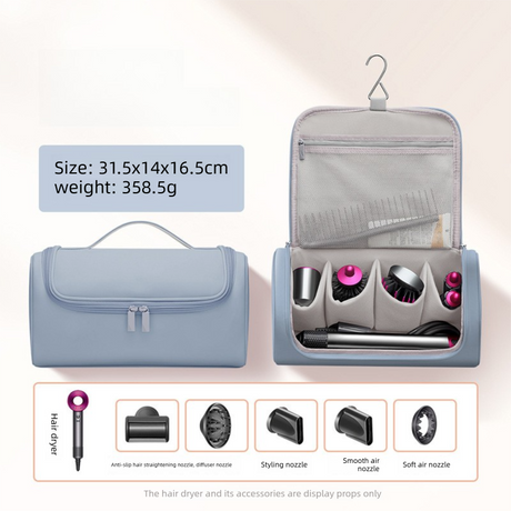 Blue Portable Hair Dryer and Curler Storage Bag Waterproof PU Leather Travel Case with Hanging Hook for Local Professionals and Modern Lifestyles