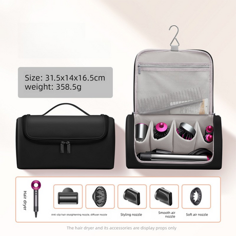 Black Portable Hair Dryer and Curler Storage Bag Waterproof PU Leather Travel Case with Hanging Hook for Local Professionals and Modern Lifestyles