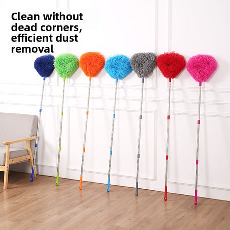 Rose Red Long Handle Ceiling Fan Duster with Hollow Microfiber Head and Extendable Stainless Steel Pole for High Reach Home Cleaning Efficiency