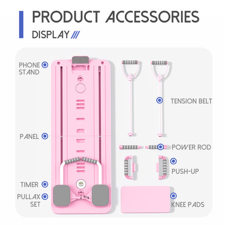Pink Multi-functional Core Training Board with Digital Timer and Resistance Bands Foldable Fitness Panel for Home Abdominal and Pilates Workouts Solution