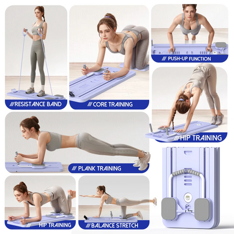 Pink Multi-functional Core Training Board with Digital Timer and Resistance Bands Foldable Fitness Panel for Home Abdominal and Pilates Workouts Solution