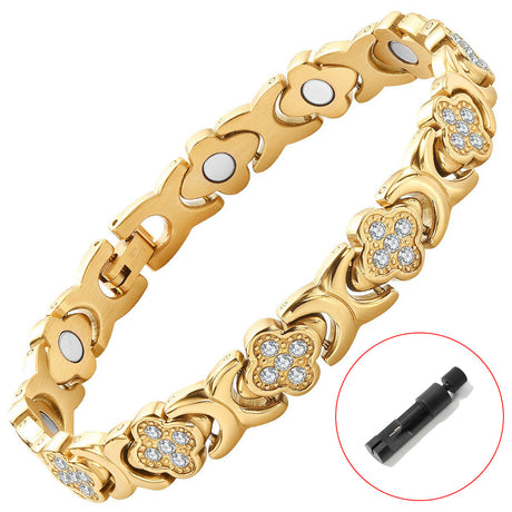Antique bronze brushed finish New Fashion Lightweight Luxury Four-Leaf Clover Diamond Inlaid Bracelet - Alloy Magnetic Watch Band Style Bracelet for Women + Free Disassembly Tool
