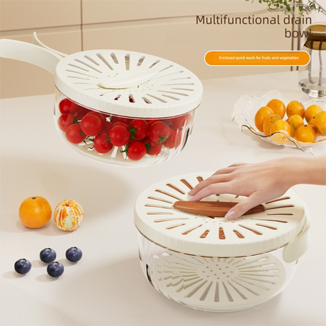 White Small Multi-functional Fruit and Vegetable Washing Bowl with Lid and Hidden Handle Double-Layer Drainage Container for Refrigerator Storage and Outdoor Picnic Efficient Food Preservation for Local Standard Kitchens