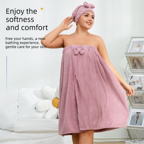 Pink Plus Size Bath Wrap Dress with Adjustable Elastic Waist and Bow Detail – Soft Absorbent Towel Robe for Post-Shower Comfort