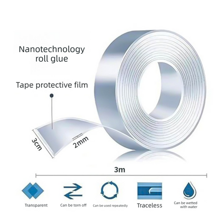 Multifunctional Reusable Nano Double-Sided Tape 2 Rolls with Dust Covers Heavy Duty Mounting Solution for Local Home and Office Organization