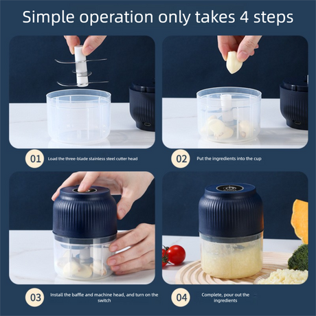 2-Leaf blade White Wireless Electric Garlic Chopper 300ml Portable Mini Food Processor USB Rechargeable for Baby Food and Dipping Sauce Essential Local Kitchen Tool
