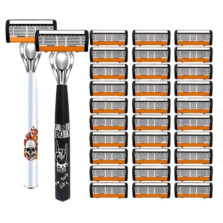 2-Pack 6-Layer Manual Razor with 30 Replacement Blades – Ultra-Close Shave for Men, Stainless Steel Handle with One-Click Blade Change