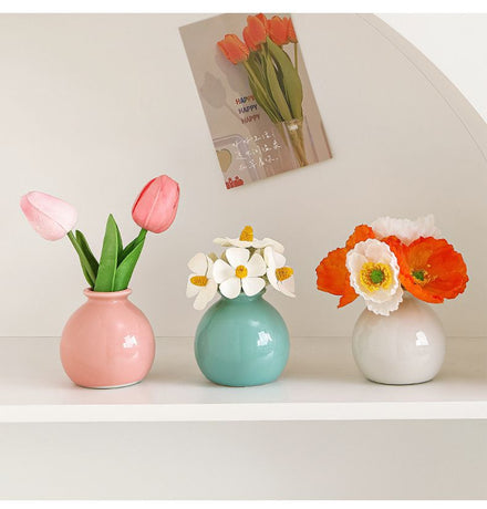Ceramic Vase with Tulip Artificial Flowers Set – Mini Decorative Pot for Home Living Room or Desk Display