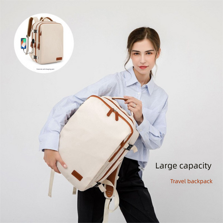 Beige Large Capacity Backpack with USB Charging Port and Waterproof Fabric for Travel Work and Daily Use