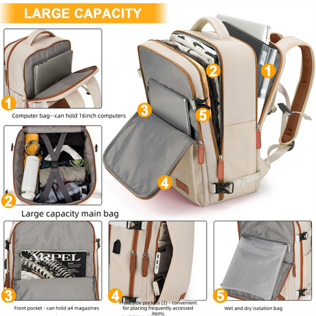 Beige Large Capacity Backpack with USB Charging Port and Waterproof Fabric for Travel Work and Daily Use