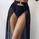 White High-Waisted White Swim Skirt with Gold Buckle Belt – Elegant Long Beach Cover-Up for Women, Ideal for Poolside and Tropical Vacations(Size: S)