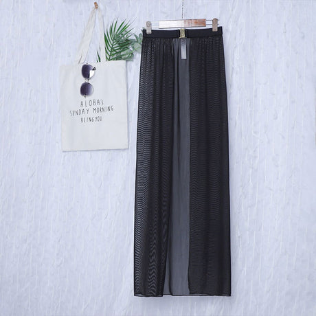 Black High-Waisted White Swim Skirt with Gold Buckle Belt – Elegant Long Beach Cover-Up for Women, Ideal for Poolside and Tropical Vacations(Size: S)