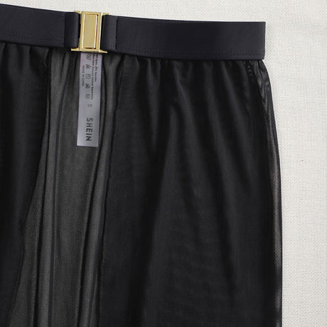 Black High-Waisted White Swim Skirt with Gold Buckle Belt – Elegant Long Beach Cover-Up for Women, Ideal for Poolside and Tropical Vacations(Size: L)