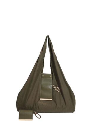 Olive drab Foldable Tote Bag with Built-In Storage Pouch – Compact Reusable Shopping Bag That Packs into Itself, Ideal for Daily Carry and Eco-Friendly Use