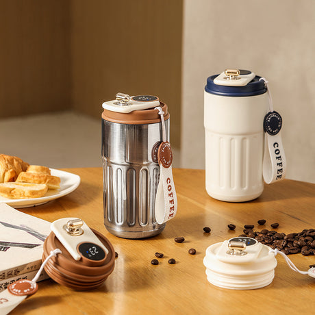 Coffee color Smart Digital Insulated Coffee Mug with 316 Stainless Steel Inner Liner – Vacuum-Sealed Travel Tumbler with Temperature Display, USB-C Rechargeable, Leak-Proof Lid for Hot and Cold Beverages