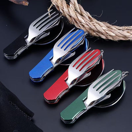 2-PCS Red Stainless Steel Folding Cutlery Set – Compact 3-in-1 Knife, Fork, Spoon with Removable Design for Outdoor Camping, Hiking, Travel, and Picnic Use