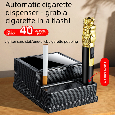 Black Automatic Cigarette Box with 40-Slot Capacity – Pop-Out Dispenser for Car and Home Use, ABS Material with Lighter Holder and Carbon Fiber Look Design