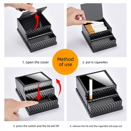 Rosewood grain Automatic Cigarette Box with 40-Slot Capacity – Pop-Out Dispenser for Car and Home Use, ABS Material with Lighter Holder and Carbon Fiber Look Design