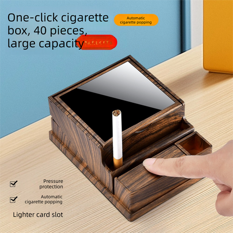Walnut Automatic Cigarette Box with 40-Slot Capacity – Pop-Out Dispenser for Car and Home Use, ABS Material with Lighter Holder and Carbon Fiber Look Design