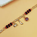 Gold-Tone Chain Bracelet with Red and Black Beads, Elephant Charm, Feather Pendant, and Round Stone Accent – 19 cm Length