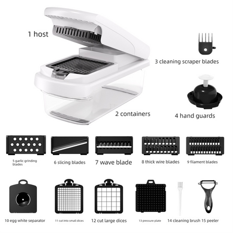 White Multifunctional Vegetable Slicer – Manual Kitchen Cutter with Adjustable Blades for Slicing, Dicing, Shredding, Garlic Grinding, and Egg White Separation