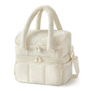 Beige Double-Layer Insulated Lunch Bag – Quilted Design with Top and Bottom Compartments, Shoulder Strap, and Smooth Two-Way Zippers