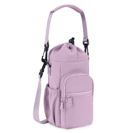 Purple Water Bottle Carrier with Drawstring Closure – Adjustable Shoulder Strap, Front Pocket, and Side Storage for Daily Use