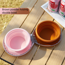 Brown and pink Portable Foldable Dual Bowl for Pets – Silicone Feeding and Water Dish with Compact Storage Design
