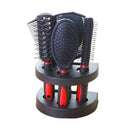 Red 5-Piece Hair Care Set with Rotating Stand – Includes Flat Comb, Styling Brush, Massage Comb, Round Brush, and Handheld Mirror