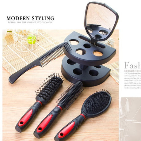 Purple 5-Piece Hair Care Set with Rotating Stand – Includes Flat Comb, Styling Brush, Massage Comb, Round Brush, and Handheld Mirror