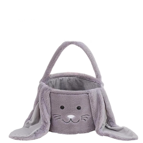 Grey Cute Plush Bunny Easter Basket with Long Ears and Personalization Option for Kids Egg Hunt and Spring Celebration