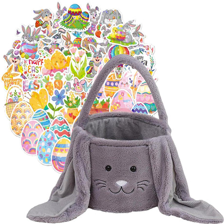 Grey Cute Plush Bunny Easter Basket with Long Ears and Personalization Option for Kids Egg Hunt and Spring Celebration