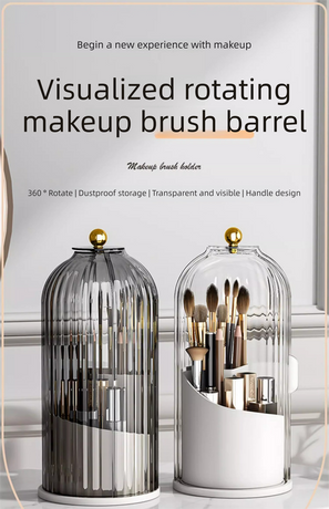 2 PCS Rotating Makeup Brush Organiser Set Dustproof Cosmetic Storage Holder White & Grey Duo for Vanity Bathroom